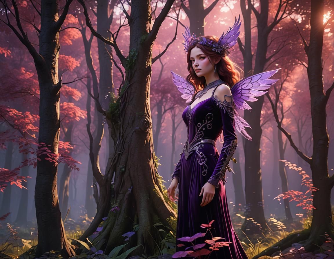 Enchanted Forest: Crimson Sky and Velvet Gown in 3D