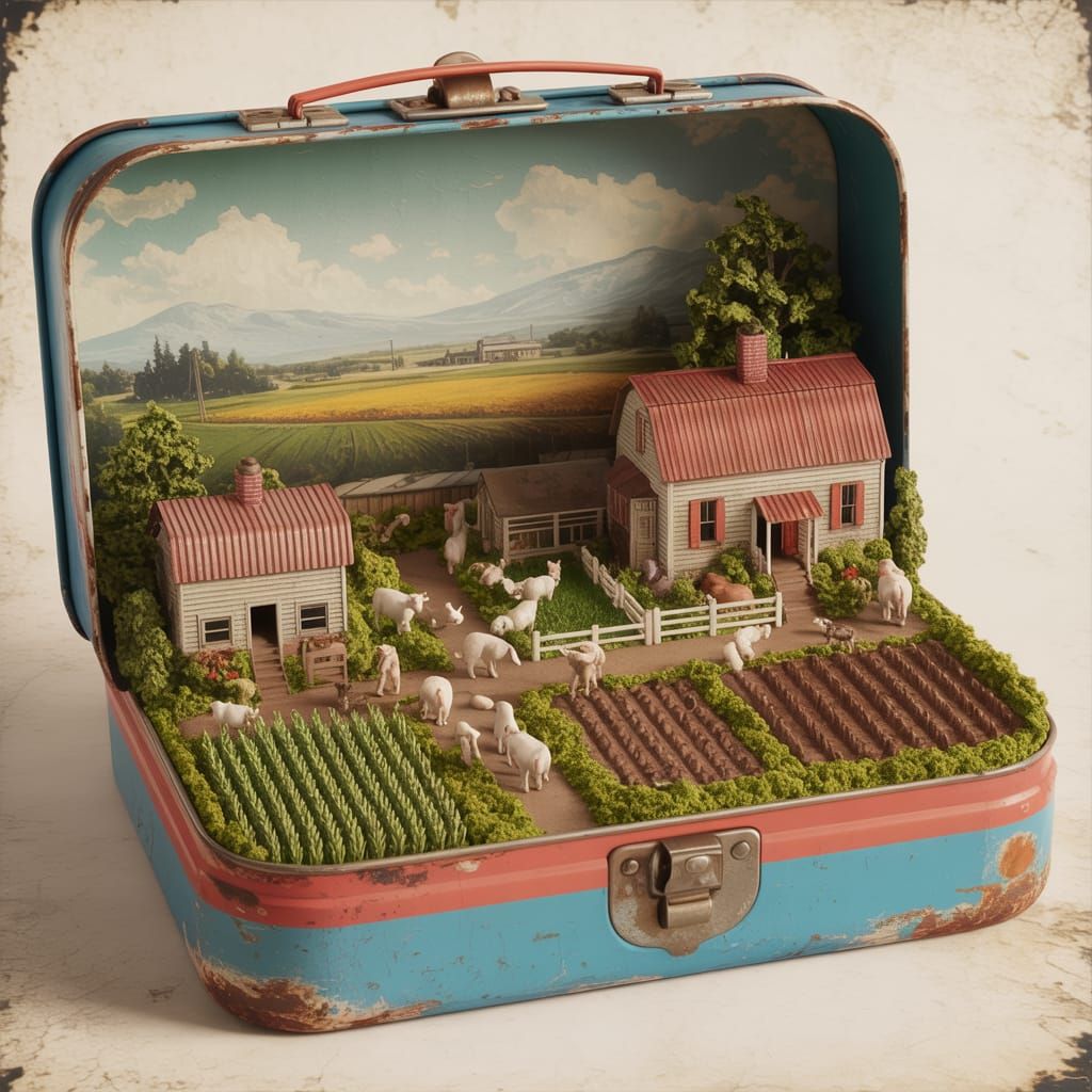 Miniature Farm in Lunchbox: Vintage Americana Illustration