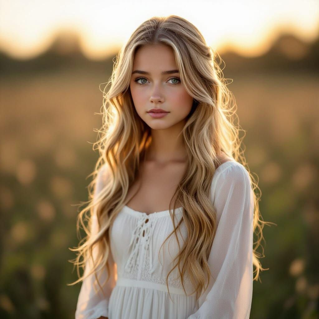 Nervous Blonde Teenager in White Dress in Golden Hour