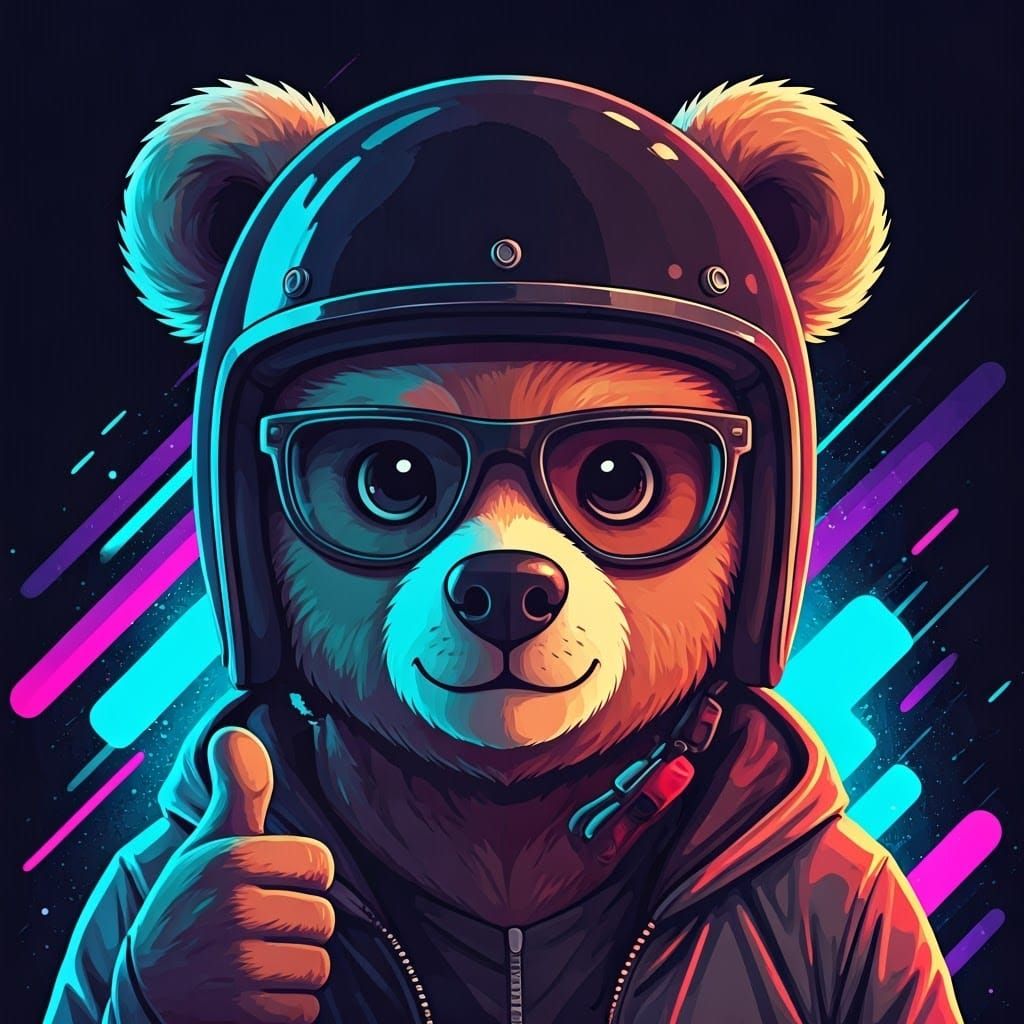 Surreal Cyberpunk Bear Gives Thumbs Up in Electric Neon Styl...