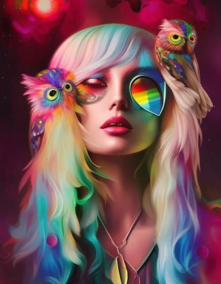 Rainbow Chibi Owl Portrait in Gouache Style