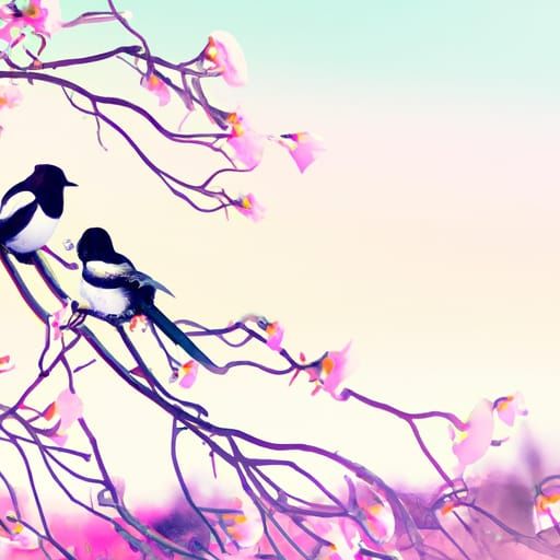 Magpies in Winter Cherry Tree Pastel Landscape