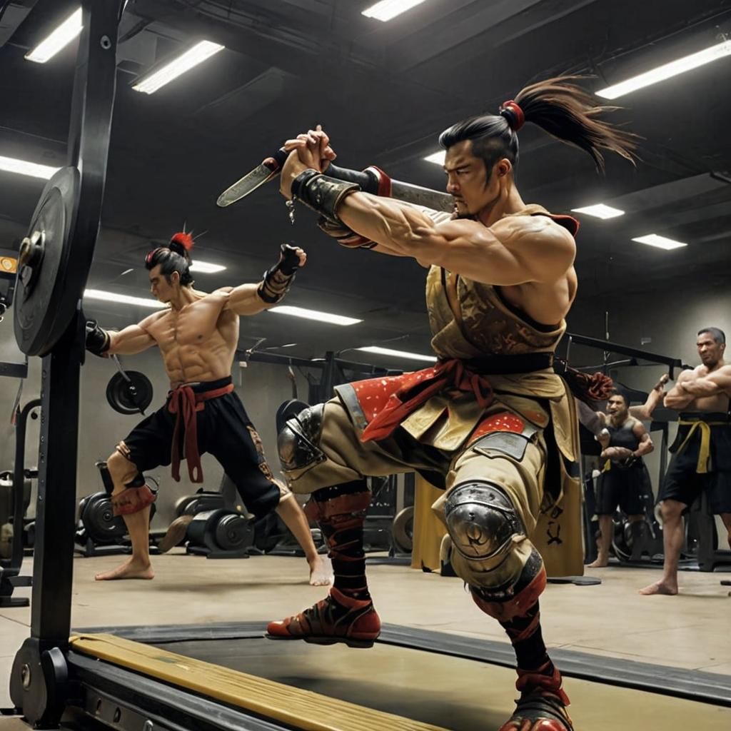 Art by Yoshitaka Amano and Frank Frazetta, traditional samurai warriors, practicing martial arts in a modern gym, using ...