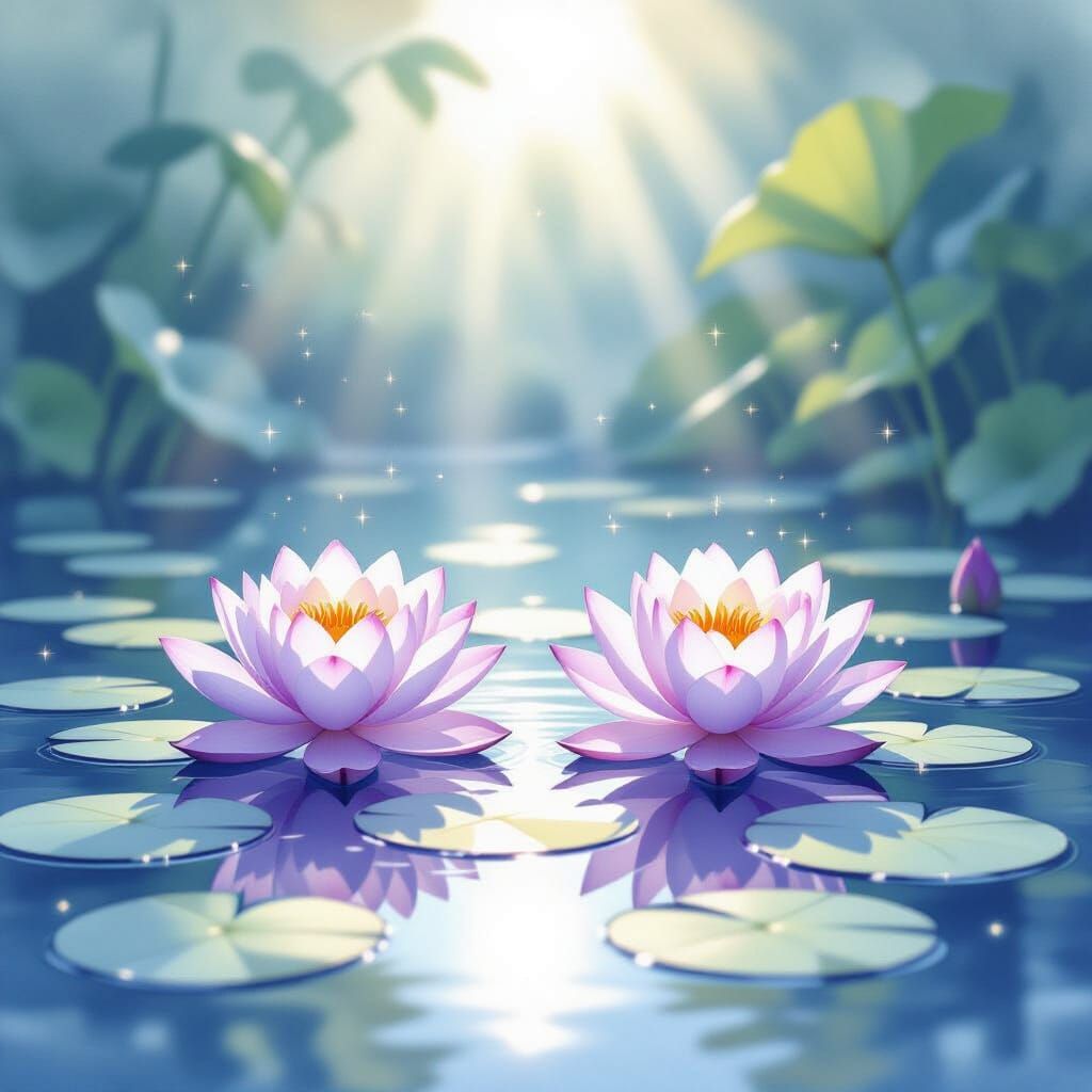 Two Purple Lotus Flowers in Sunlight, Watercolor Style