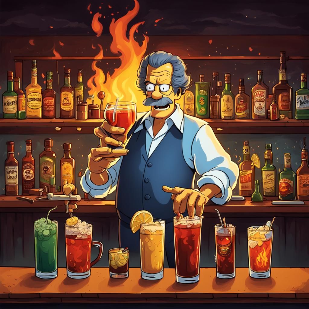 Moe Szyslak Fan Art: Bartender with Flaming Drinks