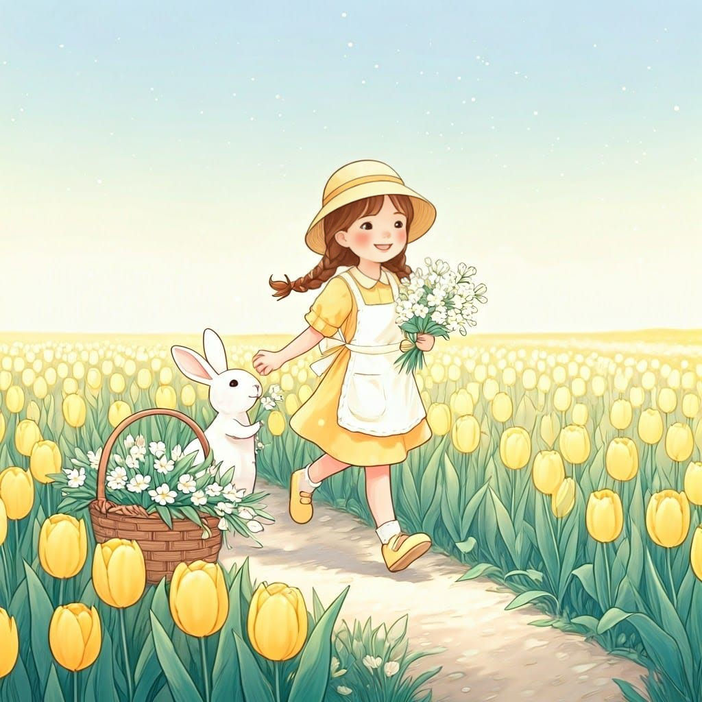 Whimsical Pastel Scene of Girl and Rabbit in a Lush Garden