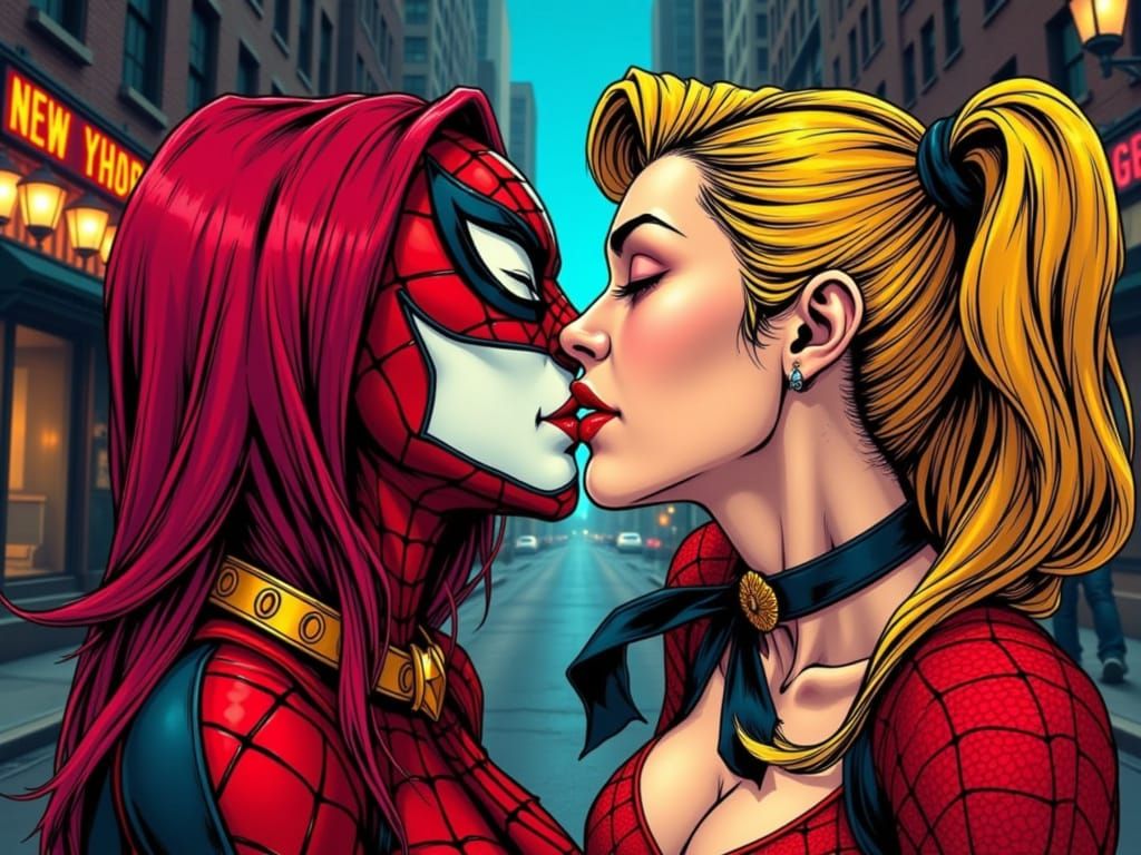 Romantic Graphic Novel Kiss in NYC's Vibrant Sunset