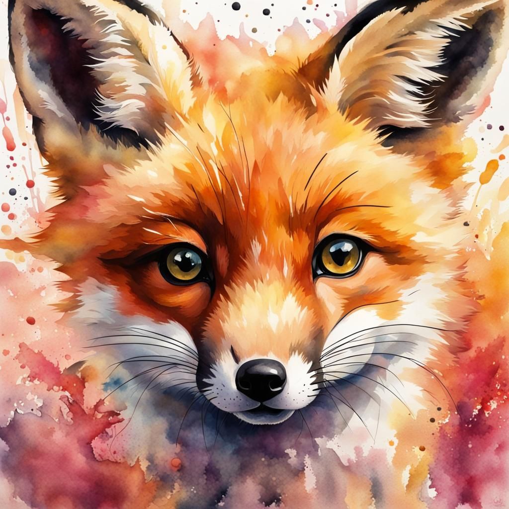 Detailed Watercolor Painting of a Cute Baby Fox