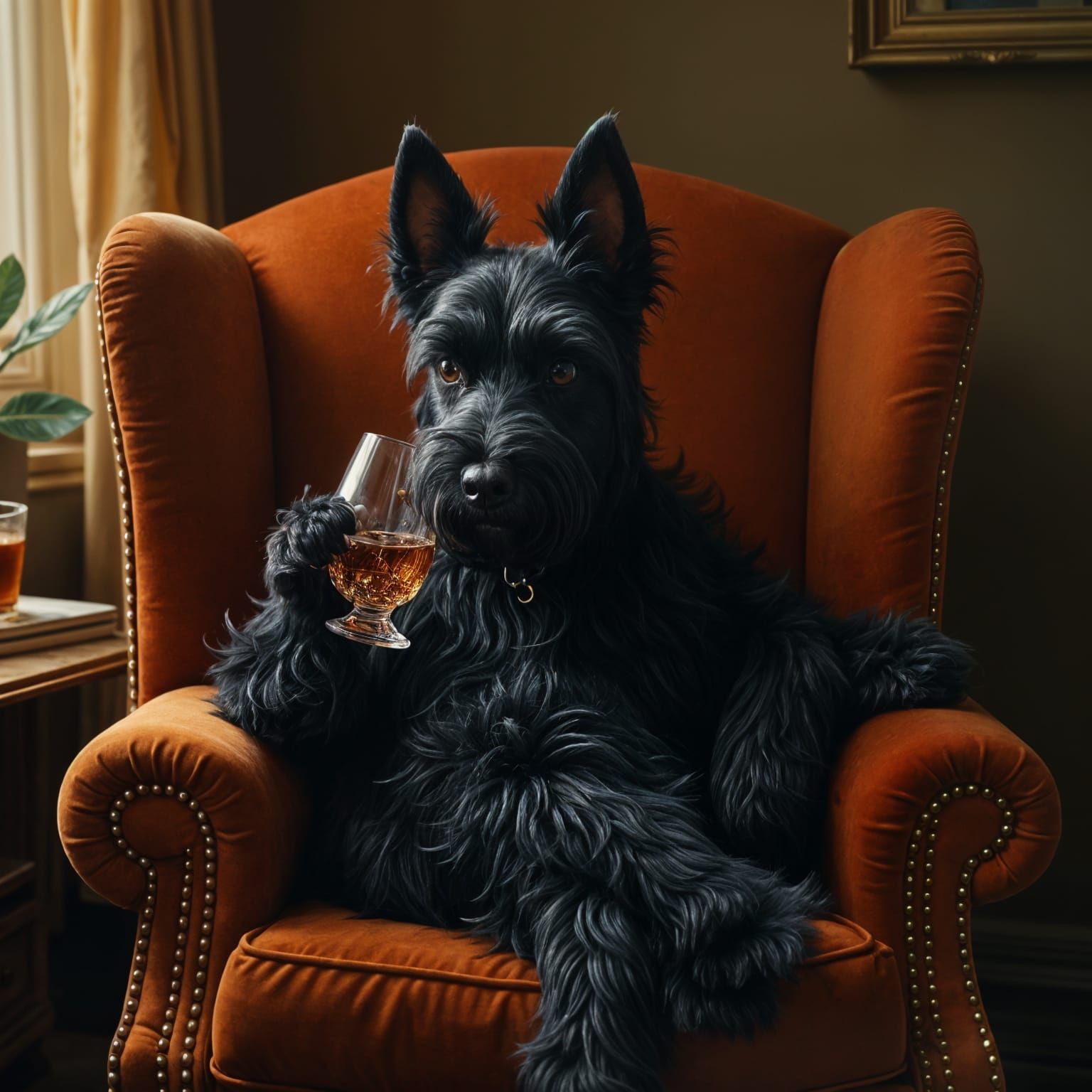 Scottish Terrier Sipping Scotch: Hyperrealistic Oil Painting