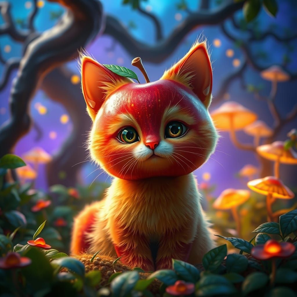 Golden Apple Cat in Whimsical Dreamscape