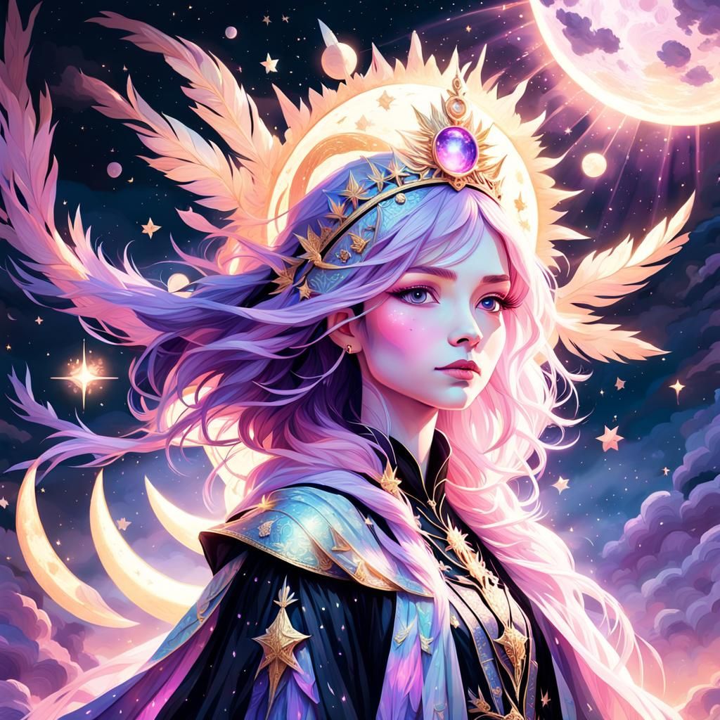 Celestial Princess Between Sun and Moon in Surreal Art
