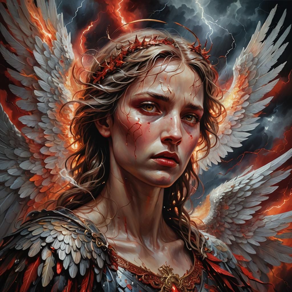 Angel's Face in Battle: Ethereal Oil Painting