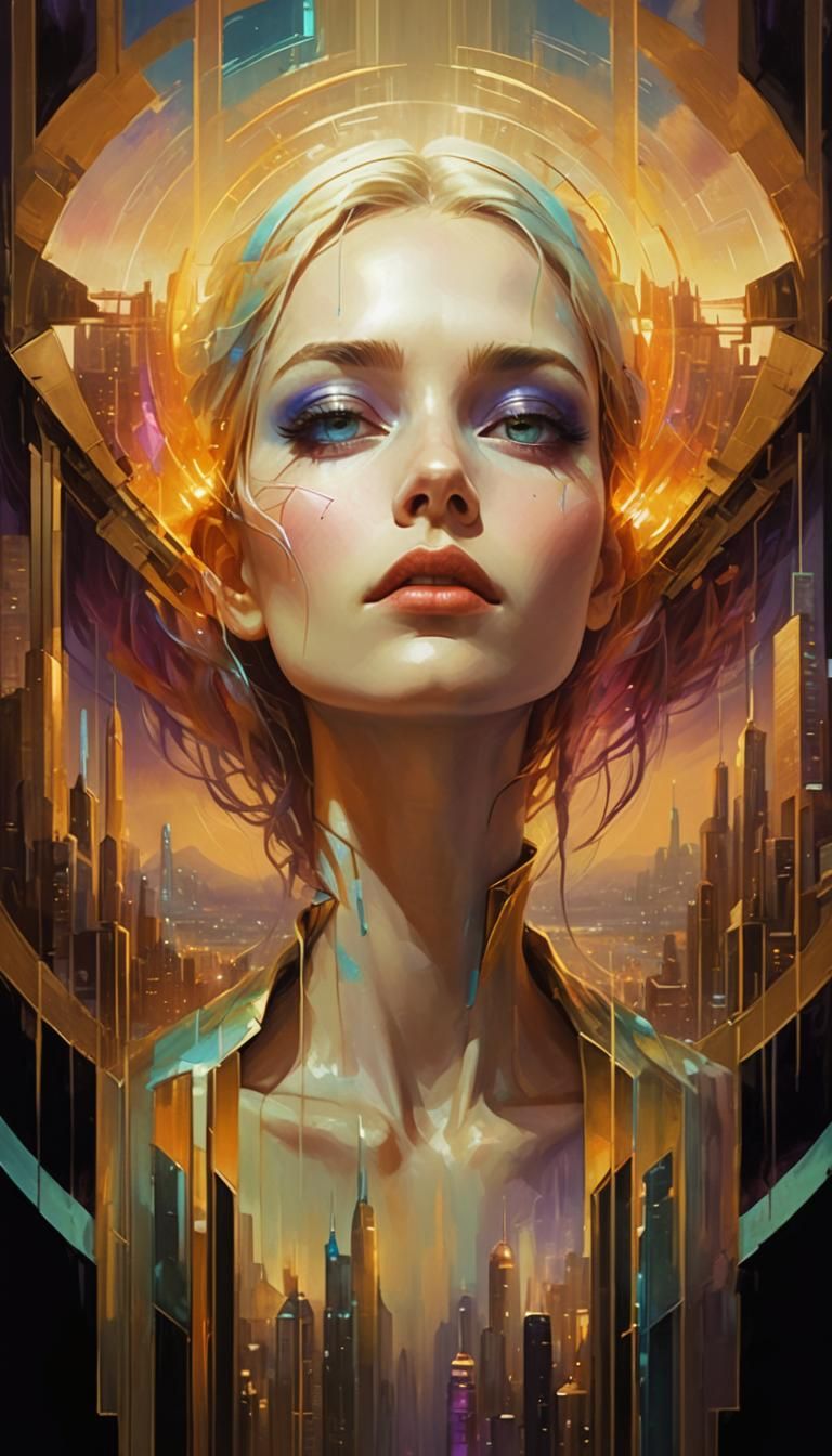 Futuristic Cityscape Oil Painting with Neon Lights