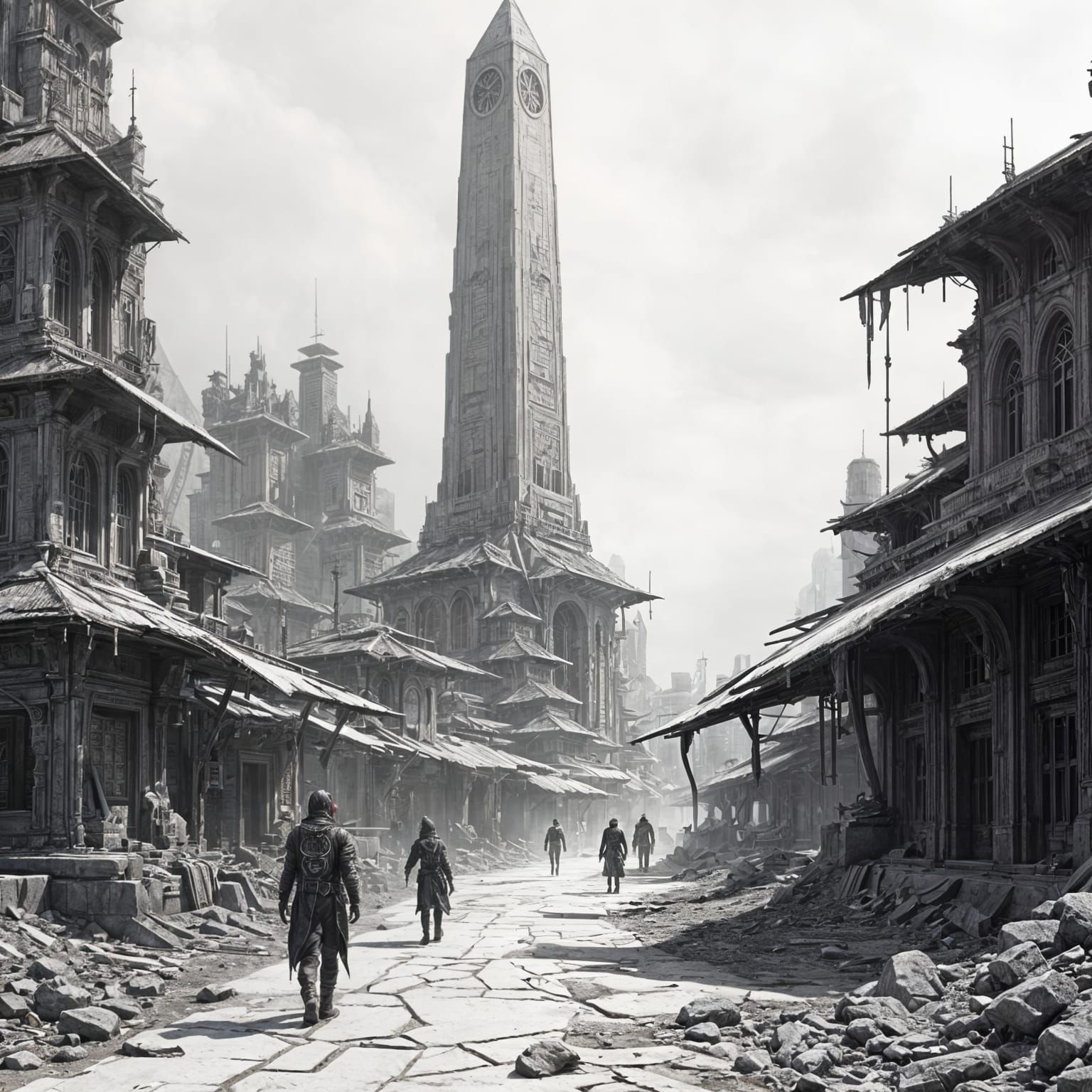 Cyberpunk Village Surrounding Obelisk in Black Ink Sketch