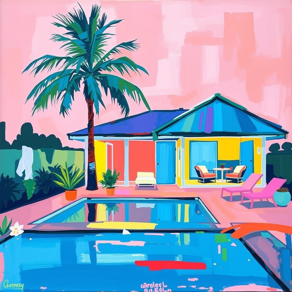 Vibrant Expressionist Beach Scene with Swirling Shapes and N...