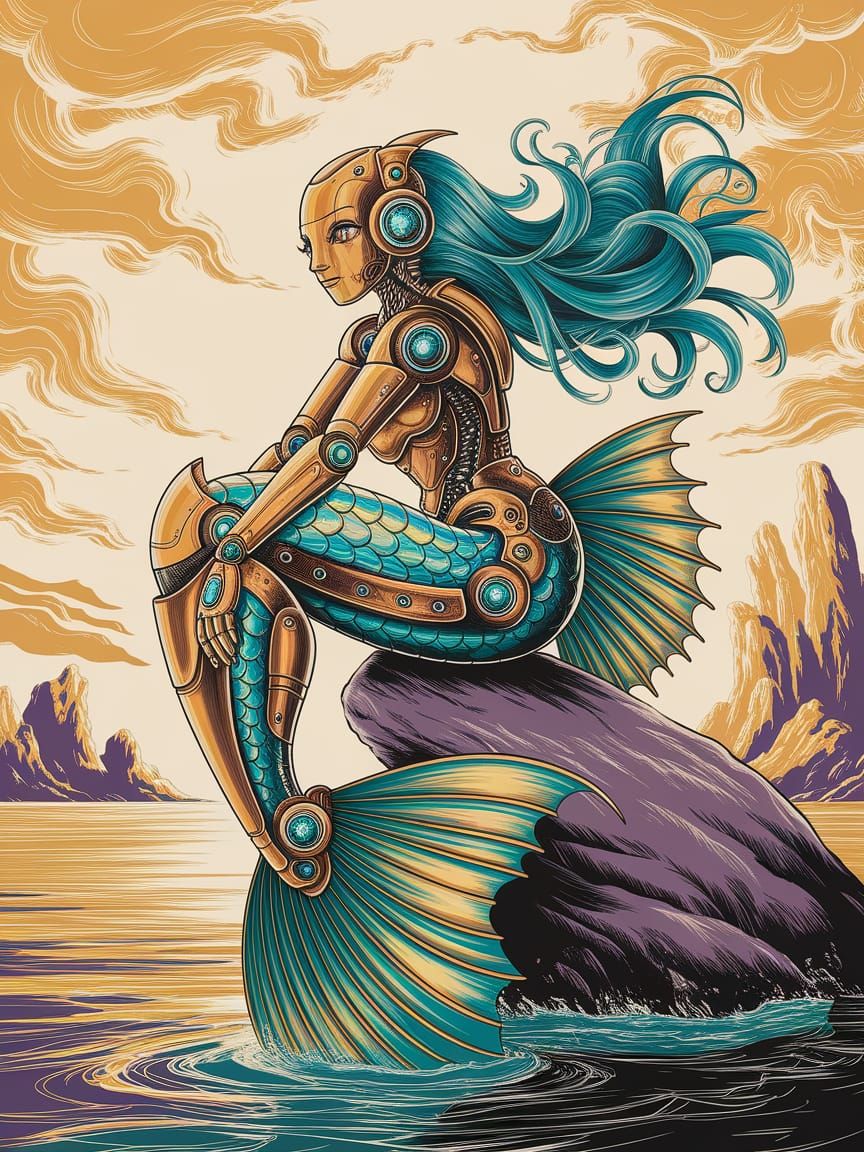 Steampunk Mermaid in Neo-Impressionist Style