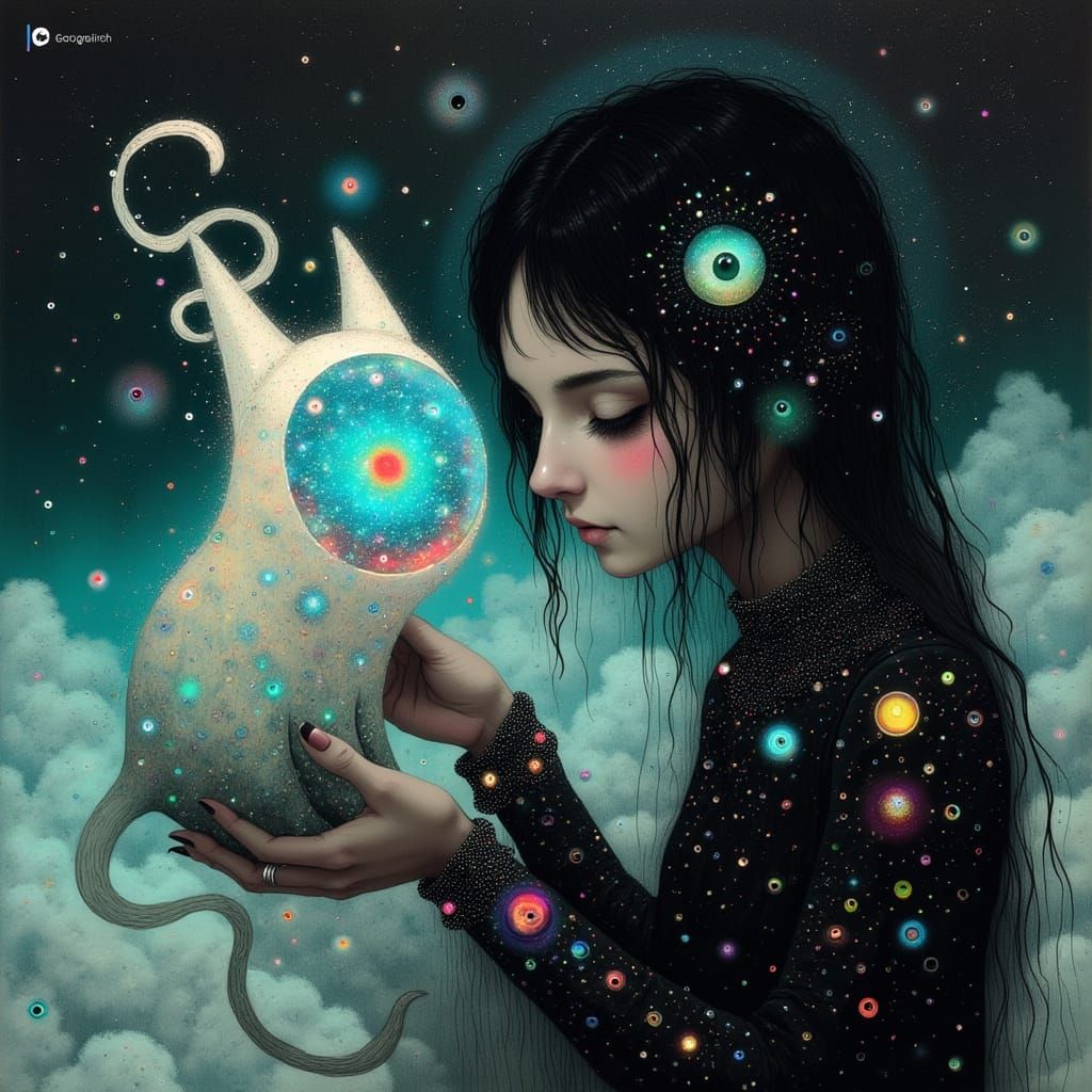 Celestial Punk Goddess with Shimmering Hair and Cybernetic L...