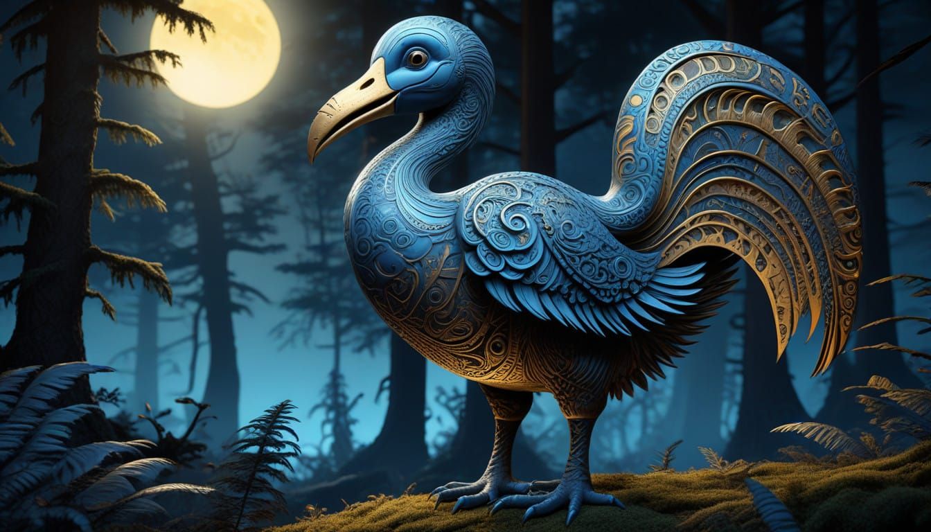 Dodo Bird in Traditional Haida Patterns Under a Moonlit Fore...