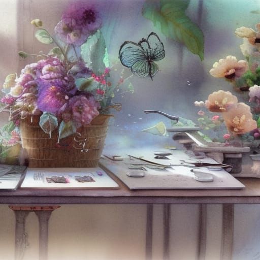 Retro Watercolor Flowers and Leaves on Mars