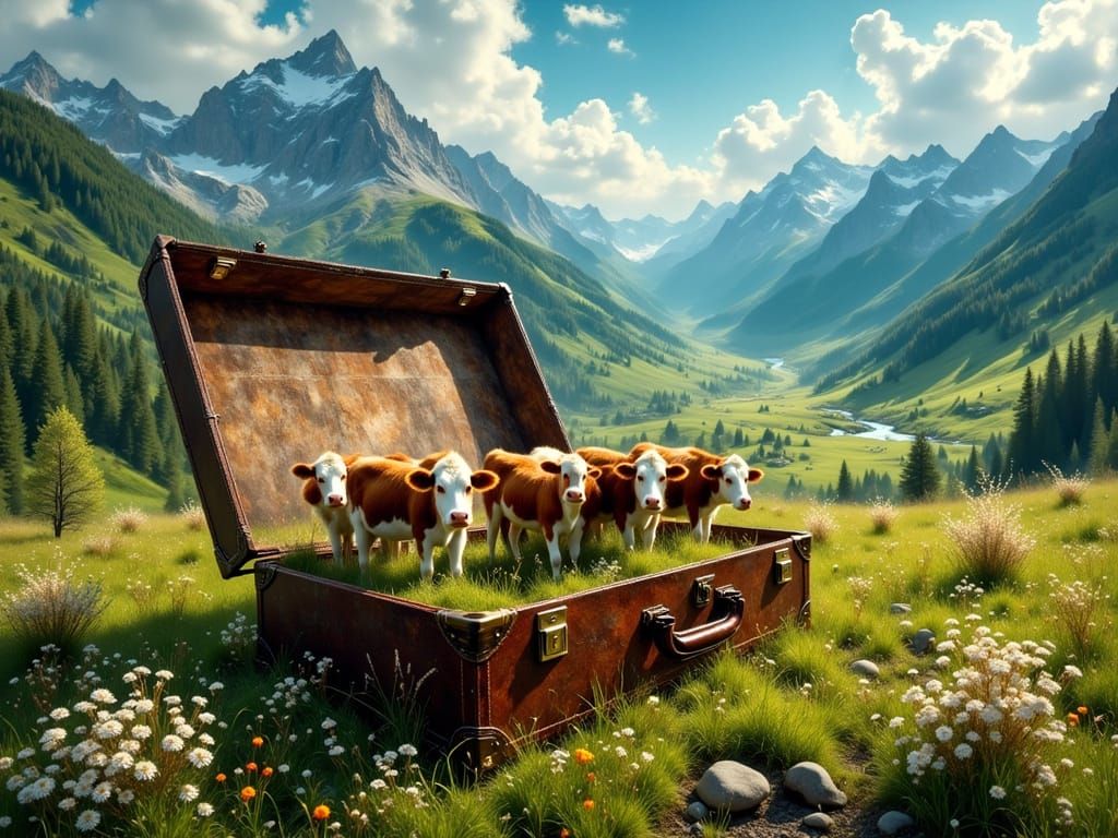 Three Cows Grazing in Suitcase, Surreal Mountain Landscape