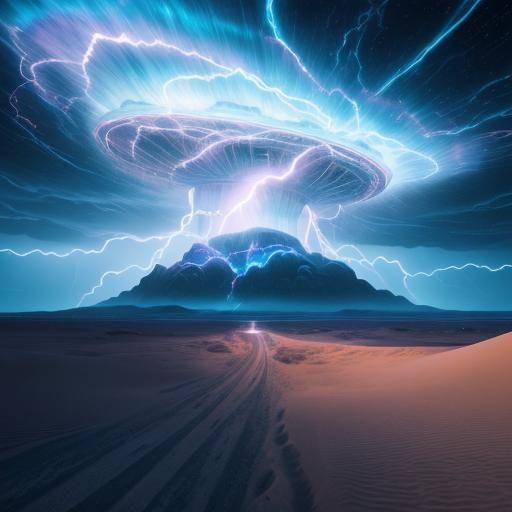 Surreal UFO Descent in Desert Lightning Storm