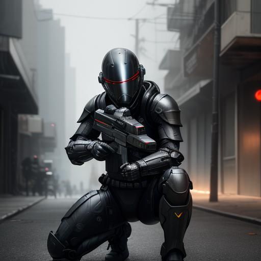 black armed female figure in sci-fi battle armor with cybernetic helmet