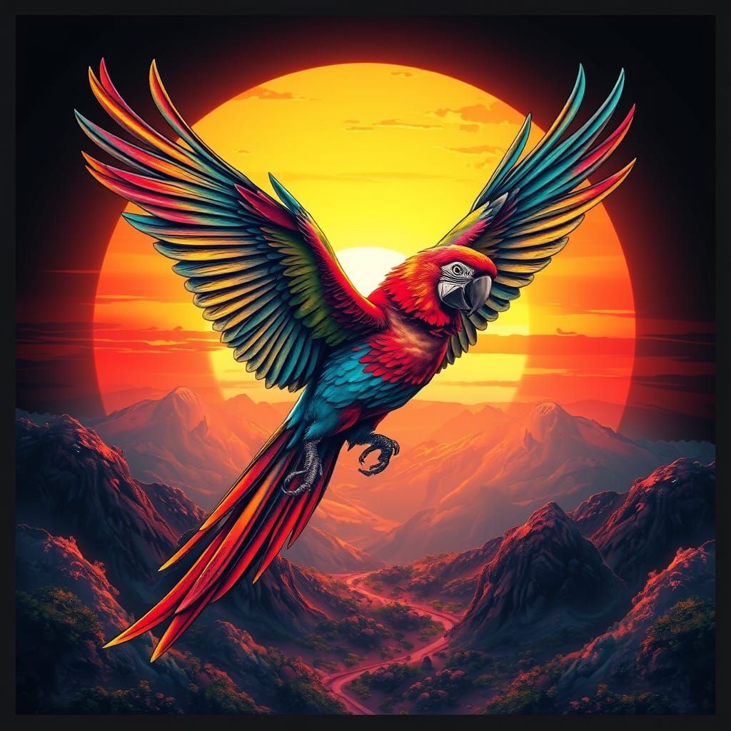 Stunning Sunset Parrot with 3D Tattoo Artwork