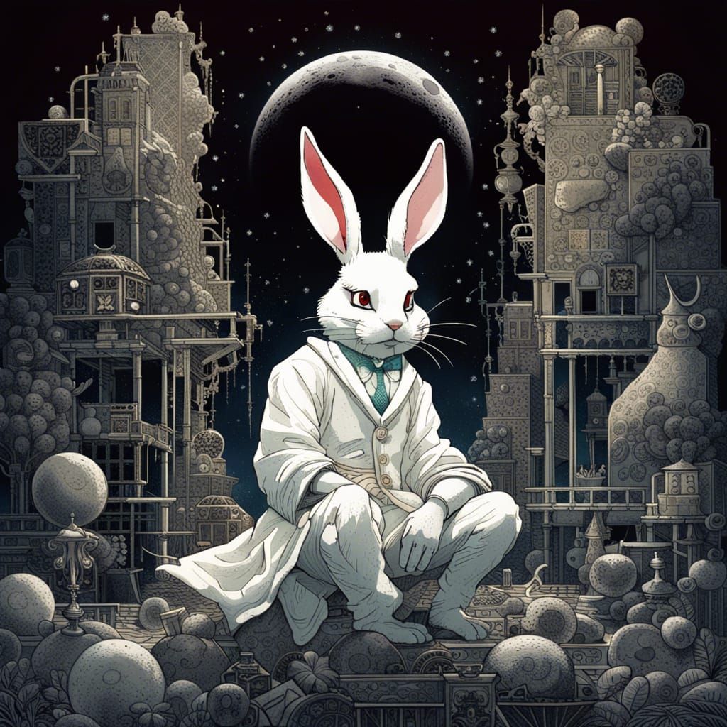 White Rabbit in Moon Matrix: Gritty Digital Art