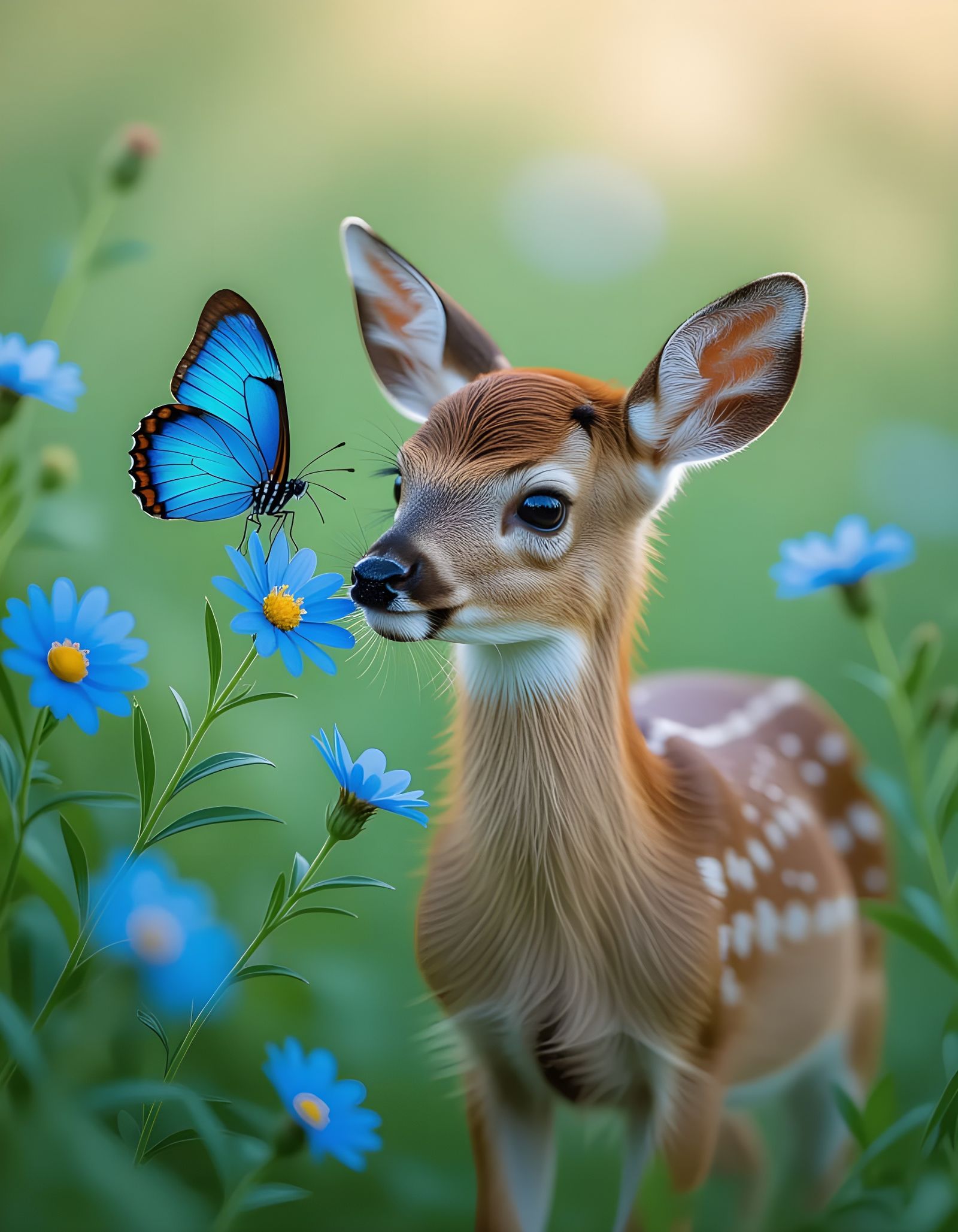 Deer with Butterfly in Summer Flowers: DSLR Photography