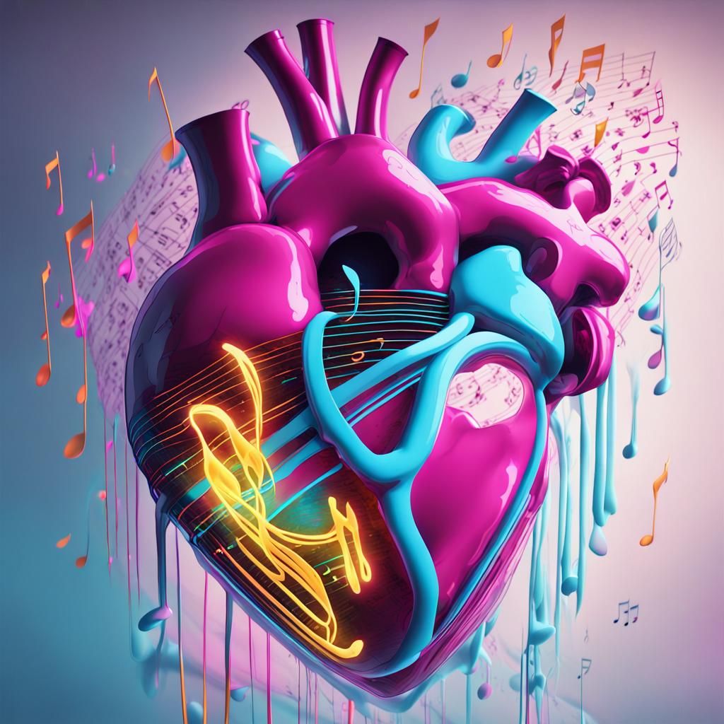 Neon Heart Filled with Abstract Musical Notations