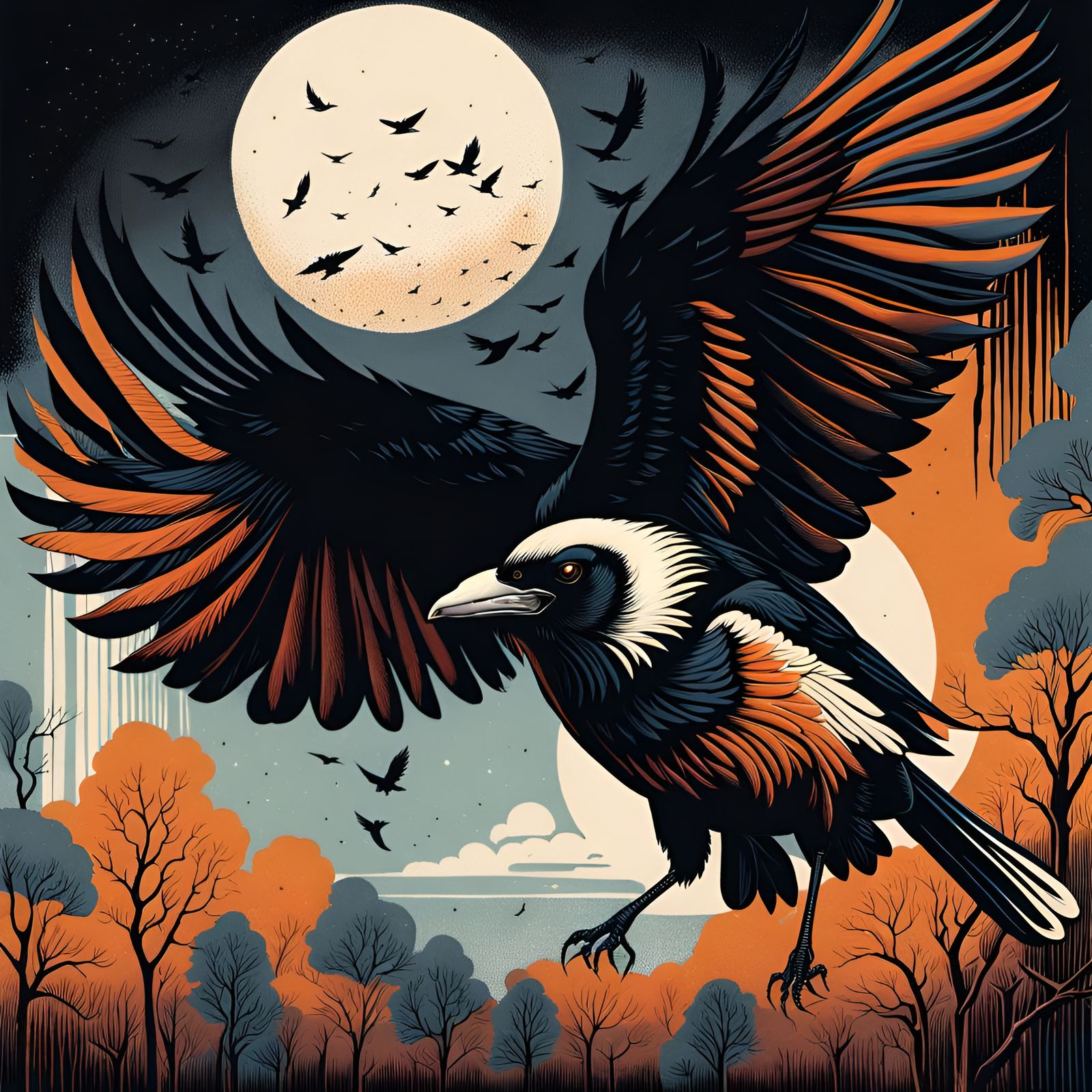 Crows in Flight: Linocut and Woodcut Print