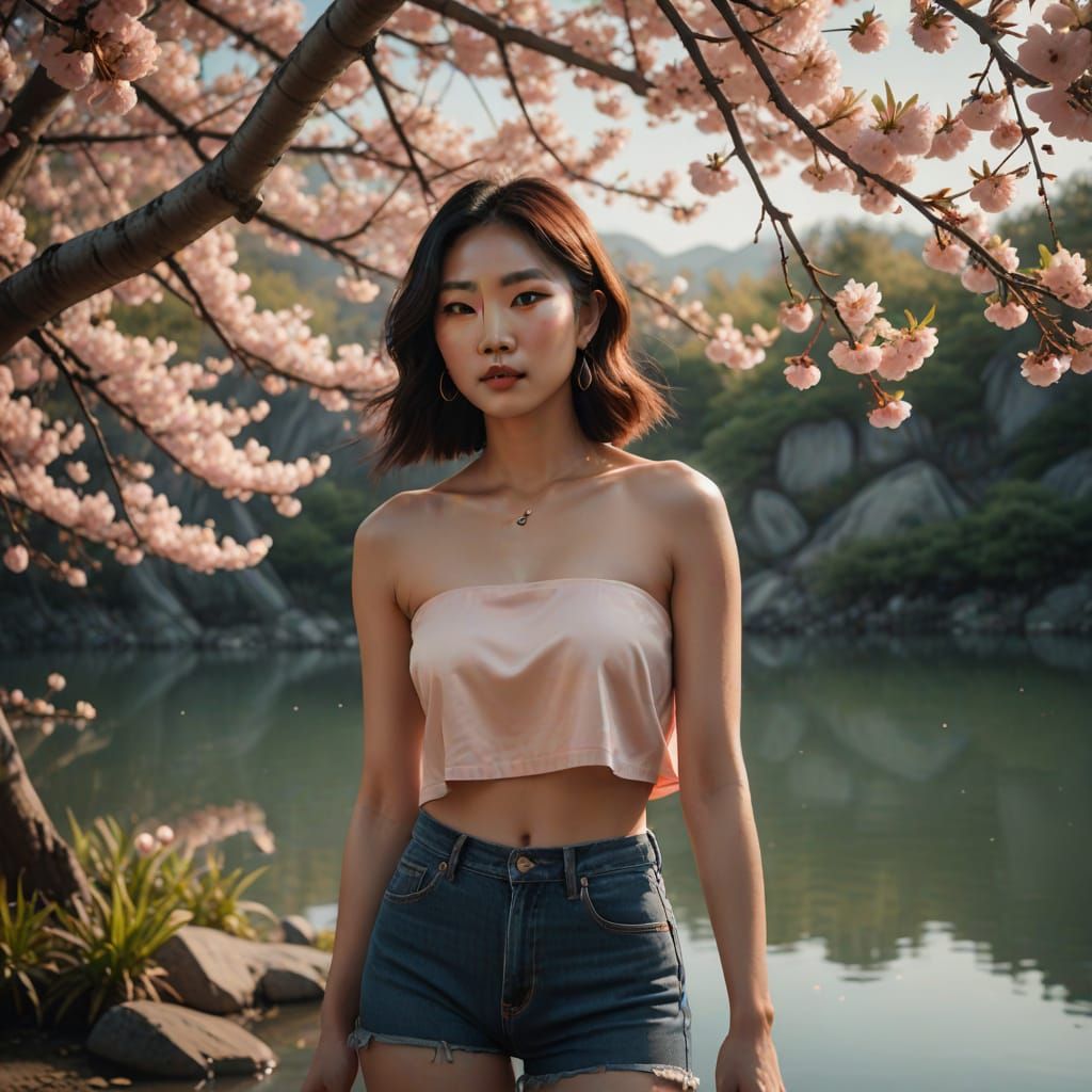 Korean Woman in Peach Blossoms: Softbox Photography