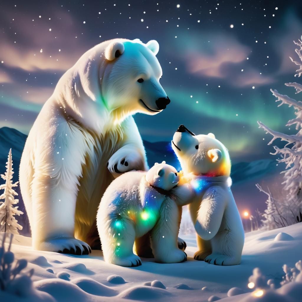 Polar Bear and Teddy Bear Under Aurora Lights