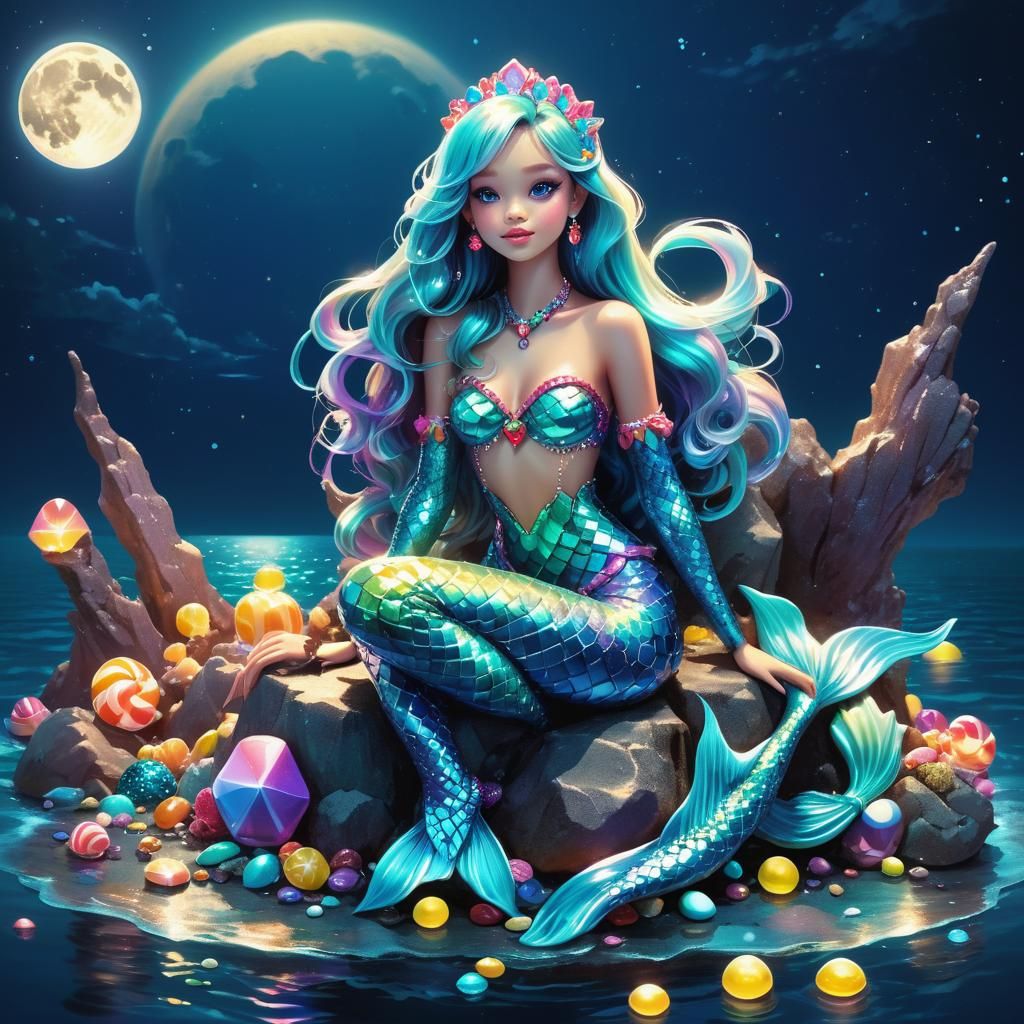 Cyber Mermaid on Diamond in Candy Art Style