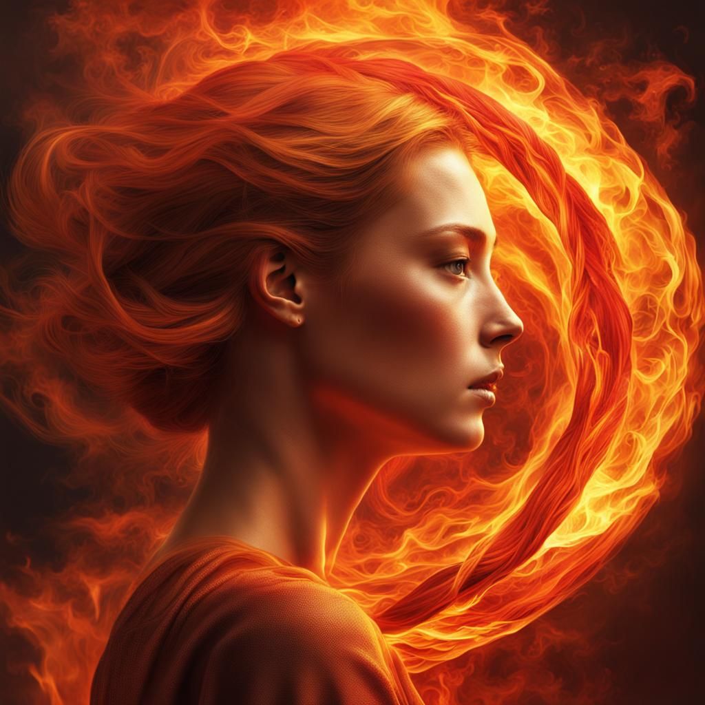 Woman's Fiery Transformation in Hyperrealistic Fantasy Art