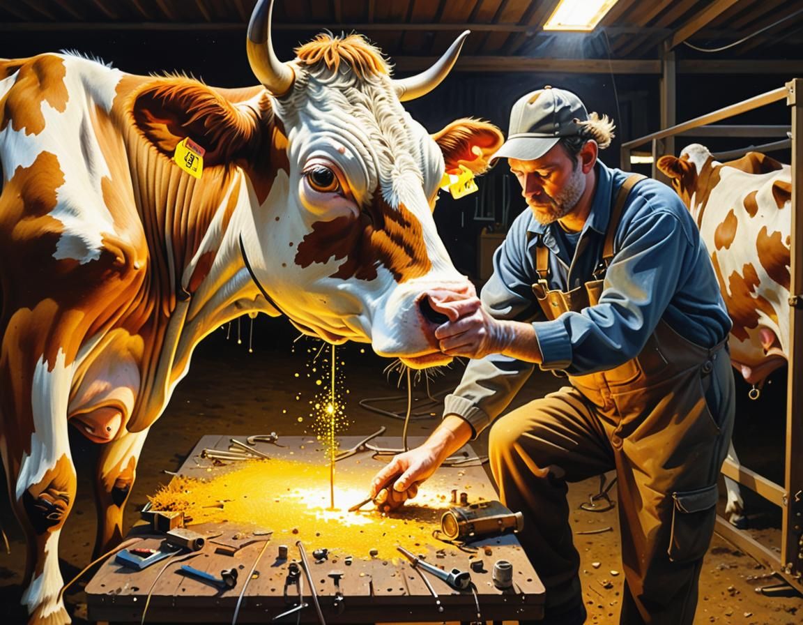 Cow Mechanic in Kinetic Pointillist Action Painting