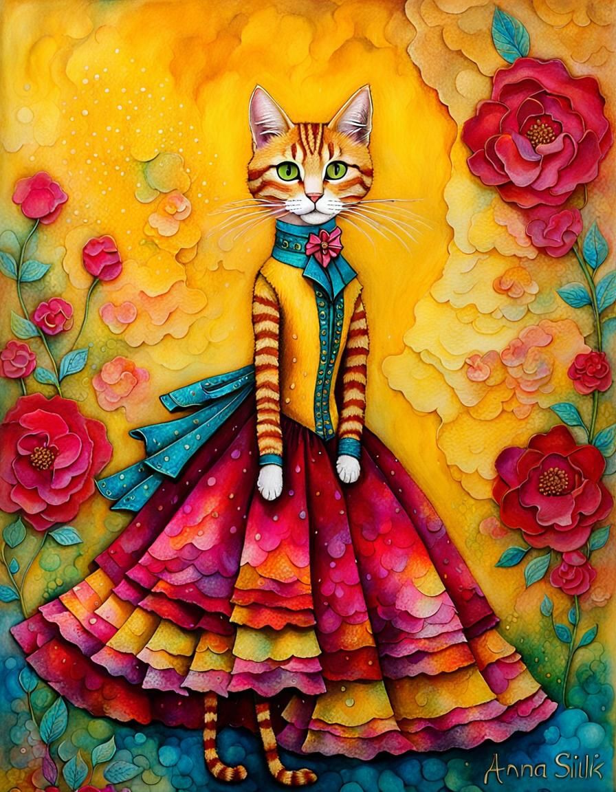 Tabby Cat in Flamenco Dress: Alcohol Ink Art
