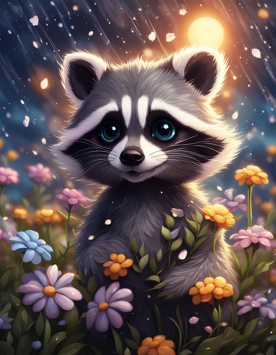 Cute Fantasy Baby Raccoon Playing in Flower Rain