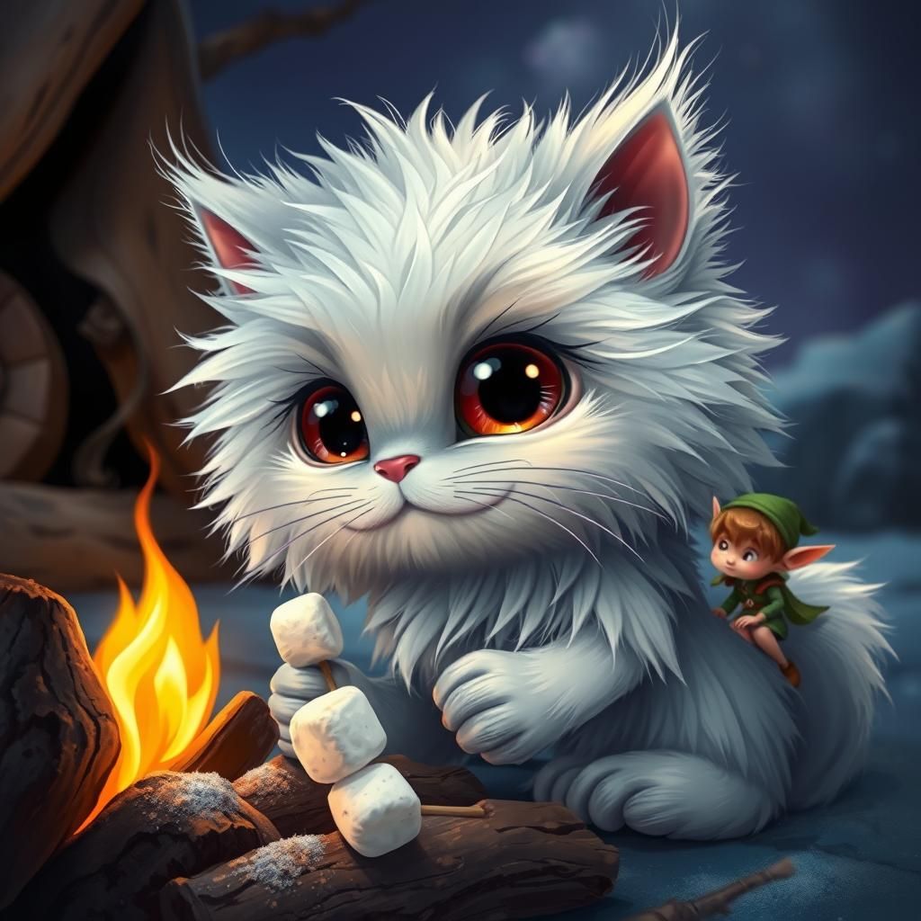 Whimsical Woolly Cat and Elf by Campfire