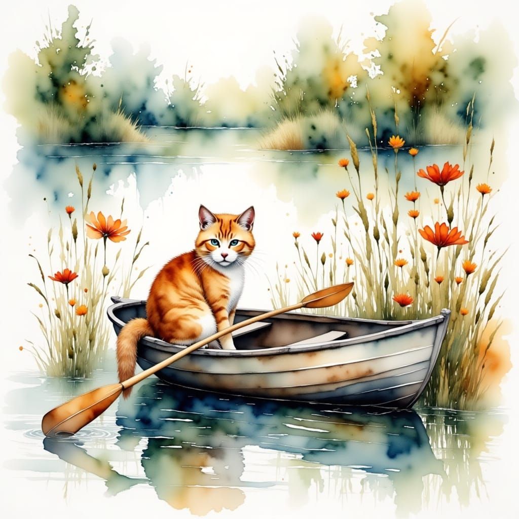Whimsical Bohemian Watercolor of Happy Cat in Row Boat