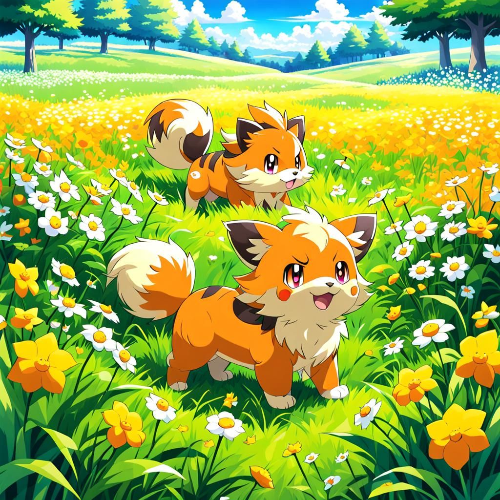 Growlithe Pokemon in Anime Style Meadow