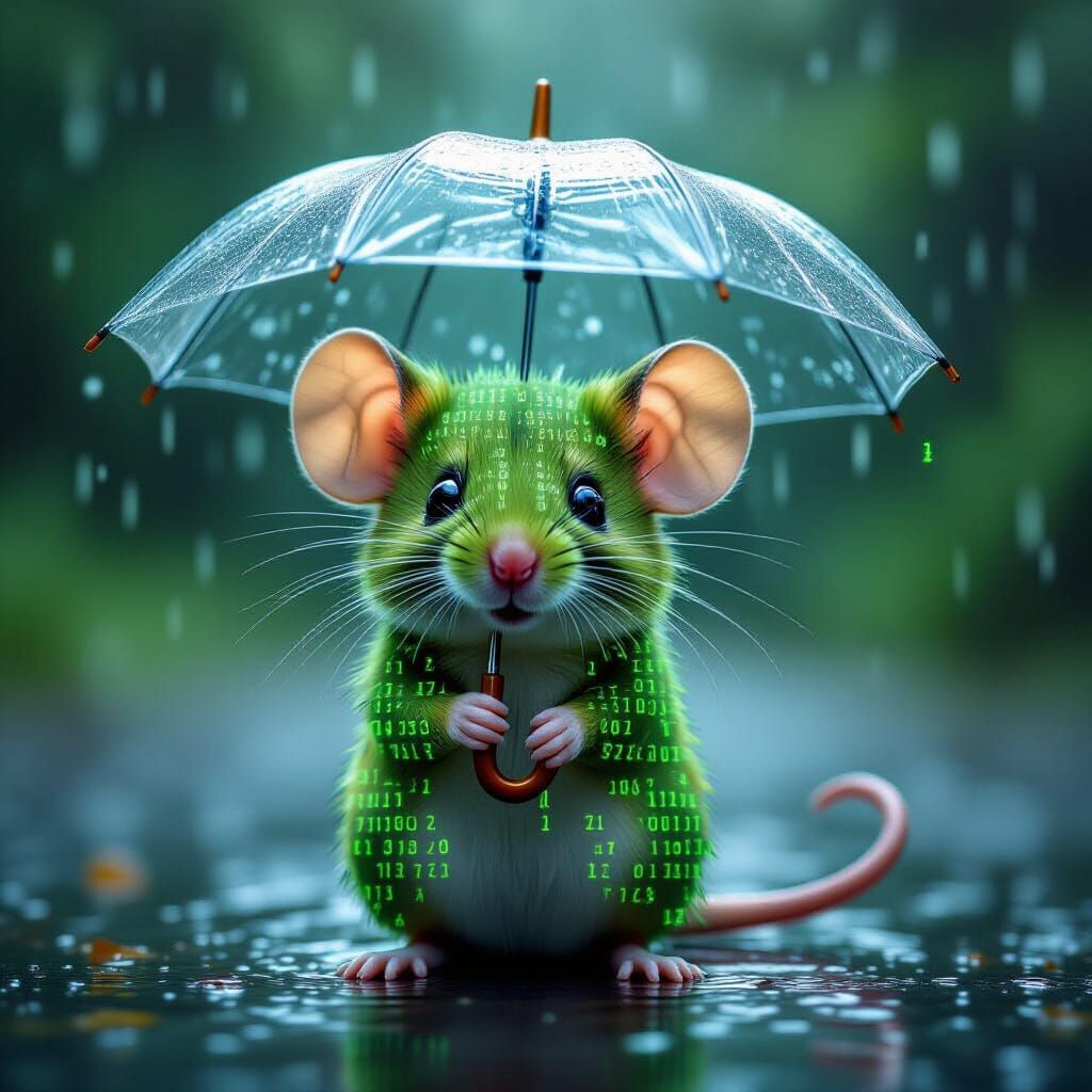 Adorable Mouse Under Matrix Code Rain