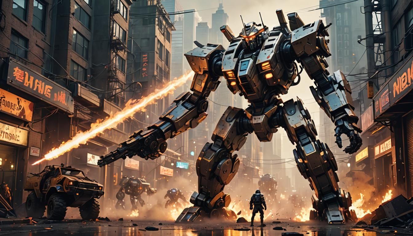 Giant Mecha Robot Battles Evil Bot in Sci-Fi City