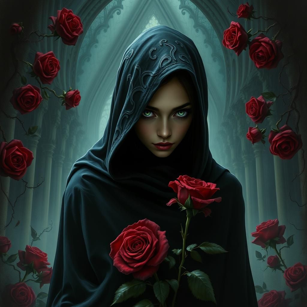 Mysterious Woman in Shadows with Gothic Roses