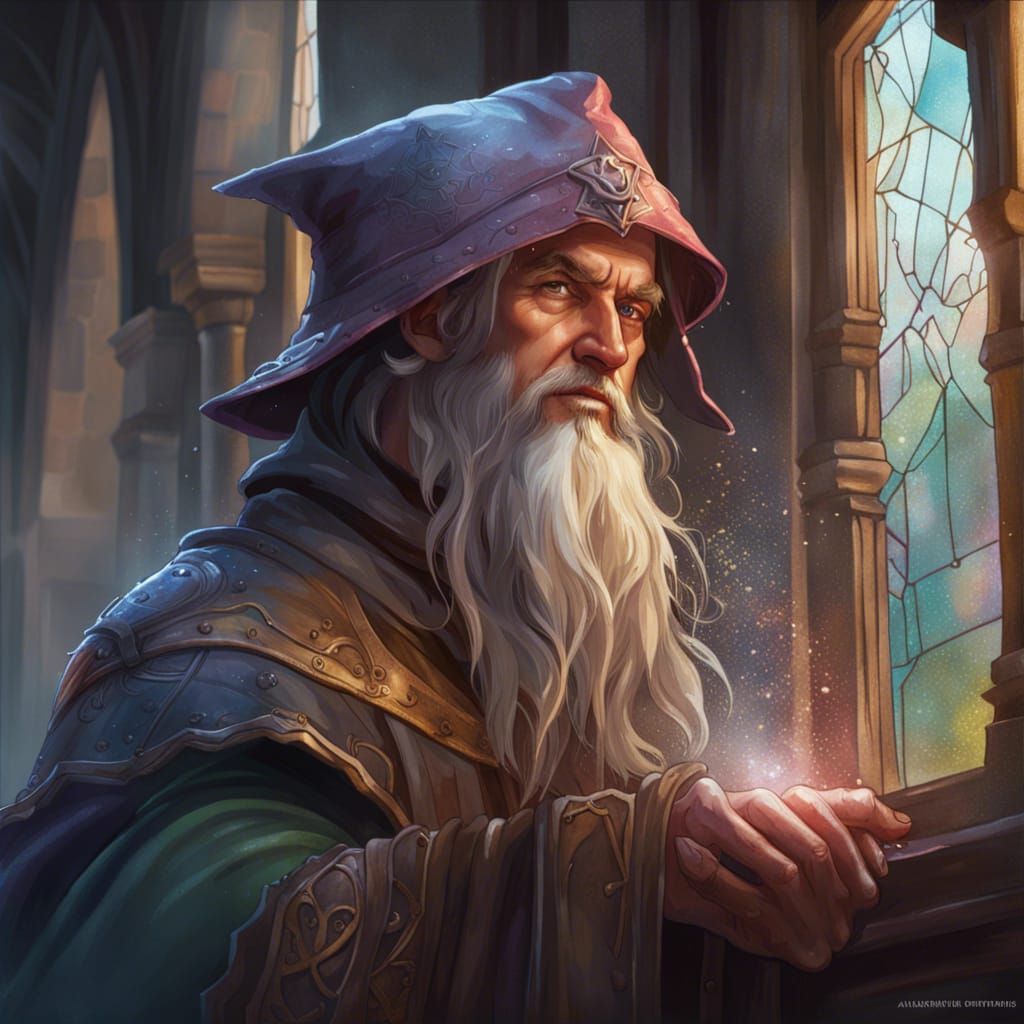 Fantasy Wizard Cleans Windows: Hyperdetailed Portrait