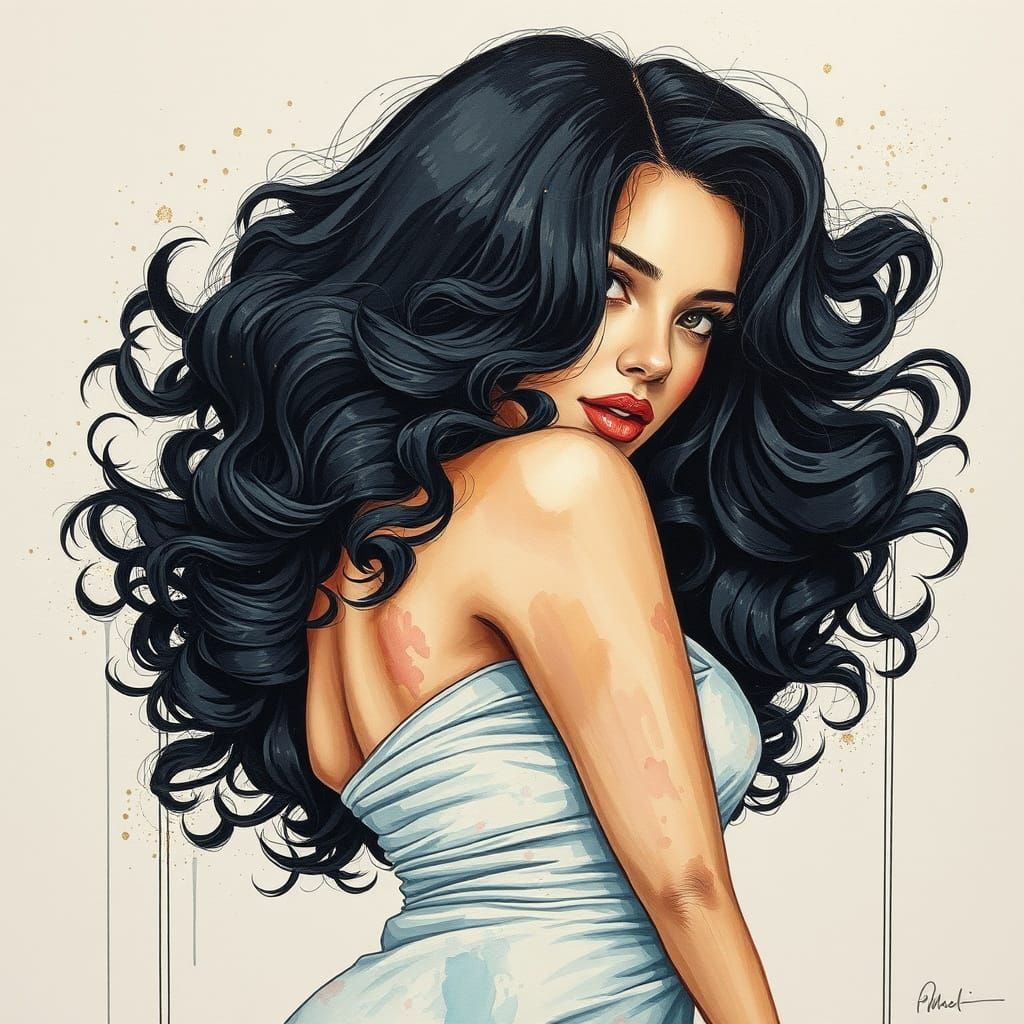 Gorgeous Woman in Pastel Watercolour Woodcut Style