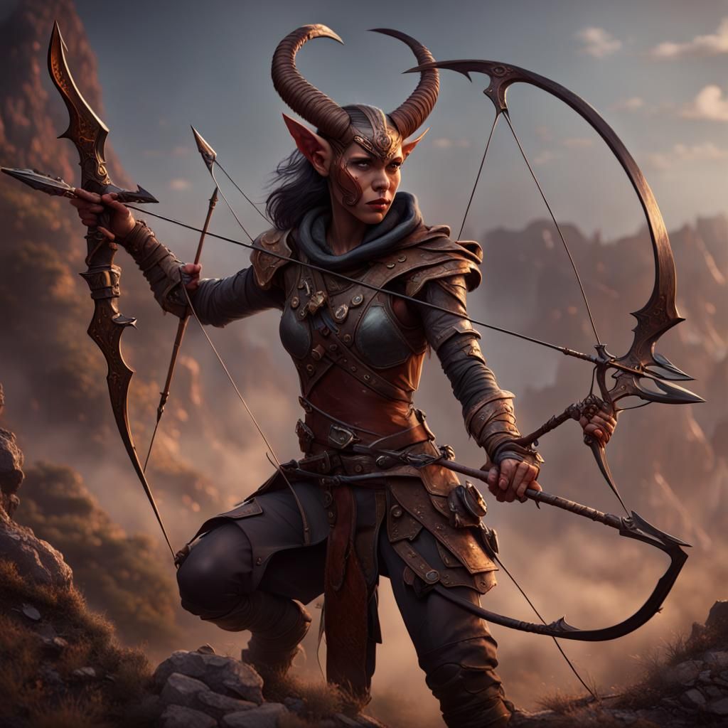 Tiefling Ranger with Oversized Bow, Detailed Matte Painting