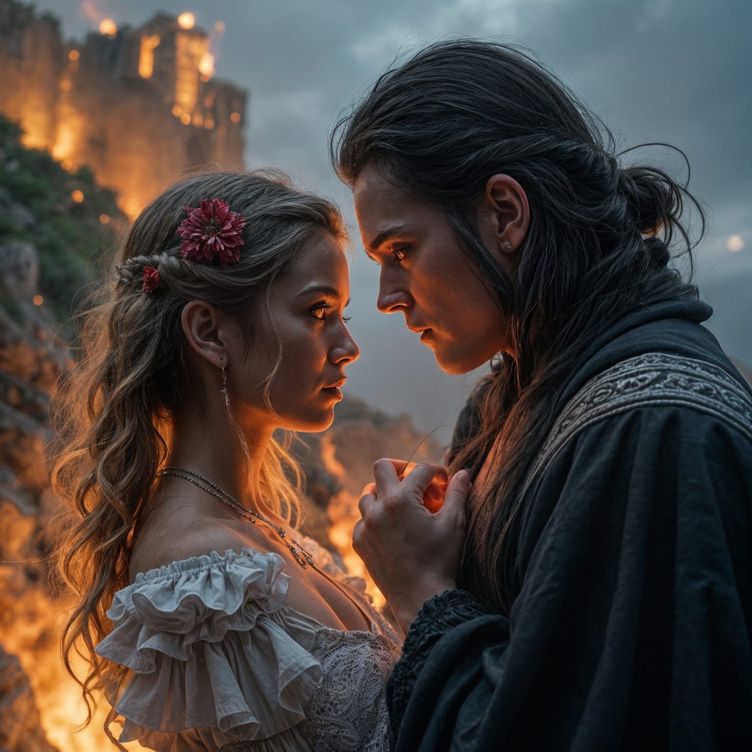 Medieval Woman Stands Beside a Fiery Vampire in Haunted Mont...