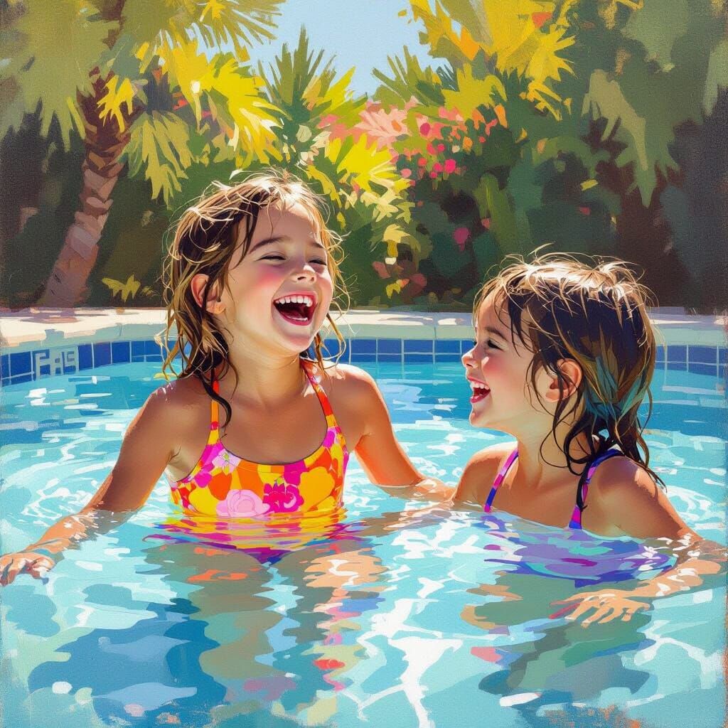 Girl Swimming in Pool: Hockney-esque Digital Art