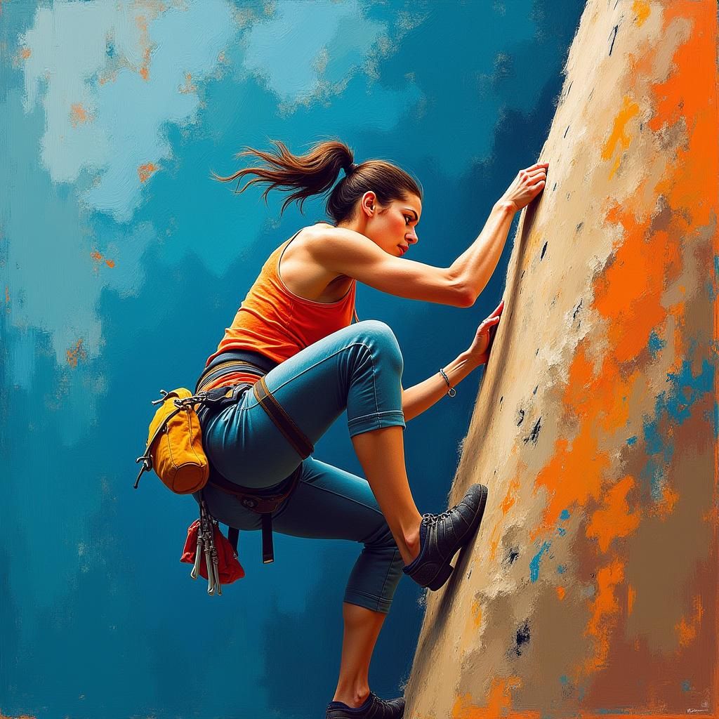 Climber Ascending Boulder in Abstract Cubist Style